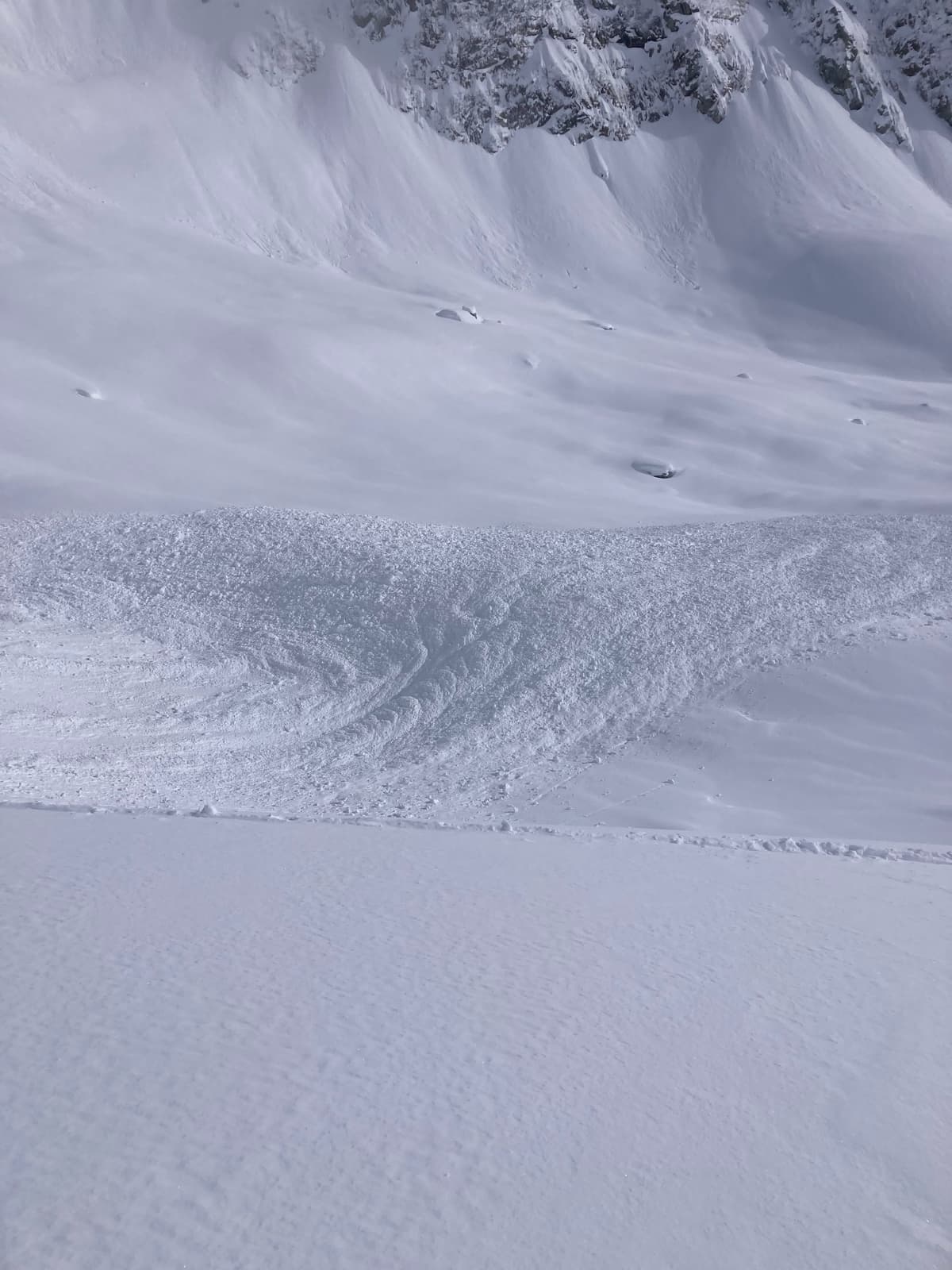 Ran 260 meters. Cleaned couloir entirely and extended over the rock outcroppings on left and right flanks. 