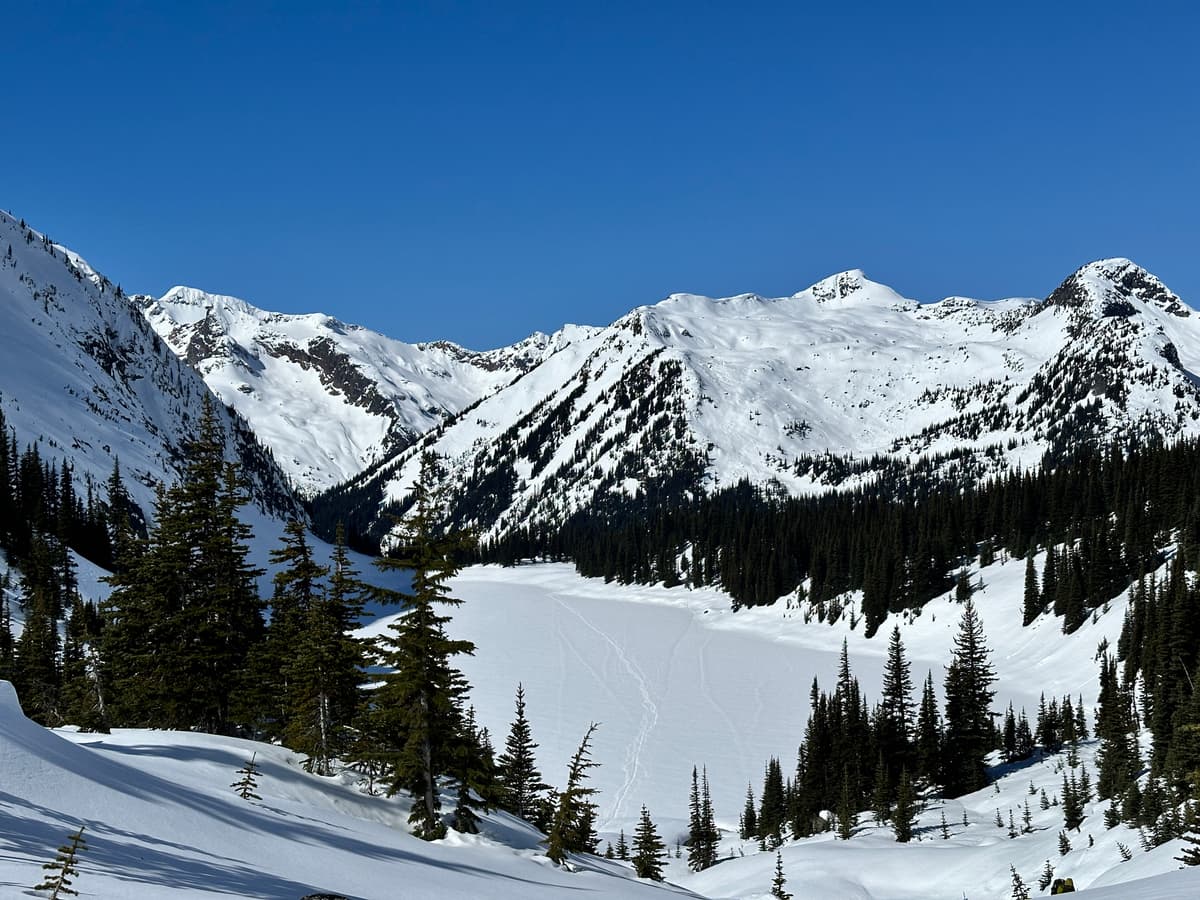 Looking back from Rohr Lake towards Mariott Basin, notice the avalanche above the lake and trees area.