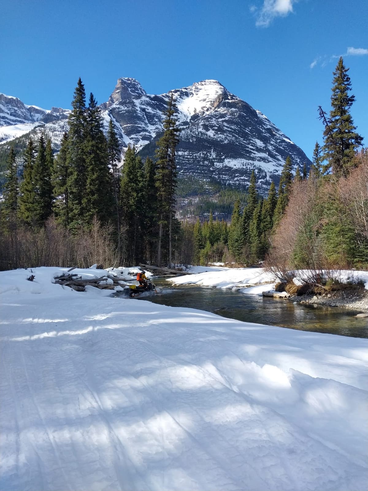 Creek crossing was still in good shape, but the stick bridge by the cabin has almost melted out. 