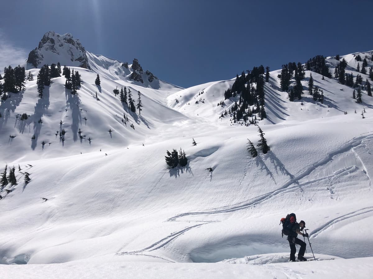 small wet loose on E facing convex roll (pictured). Signs of warming (pinwheeling, sluffing) and natural wet loose on all aspects visible in background, as well as old slab avalanches visible on North aspect of gargoyles. We opted to go up around the gargolyes to avoid the slide paths and overhead exposure of ring creek. 