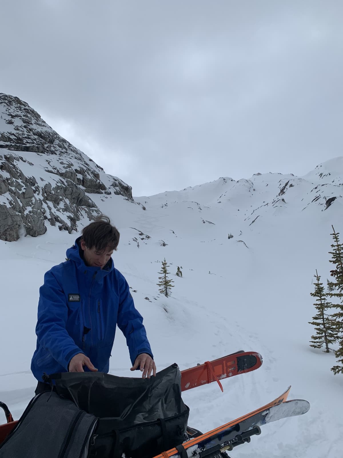 Looking back at our turns in the moraines below Catamount Glacier