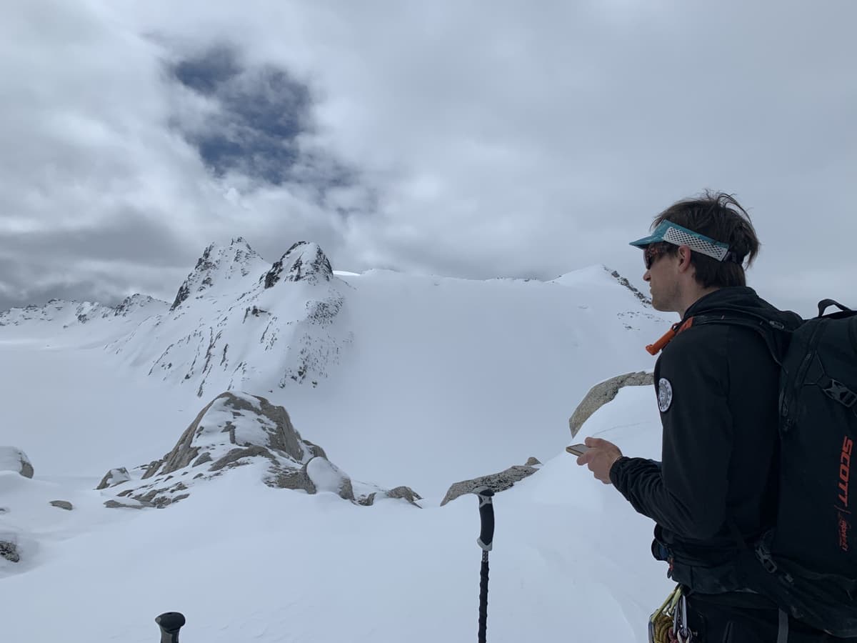 Looking out at Catamount Glacier and staying cool in more ways than one with a sweet visor.