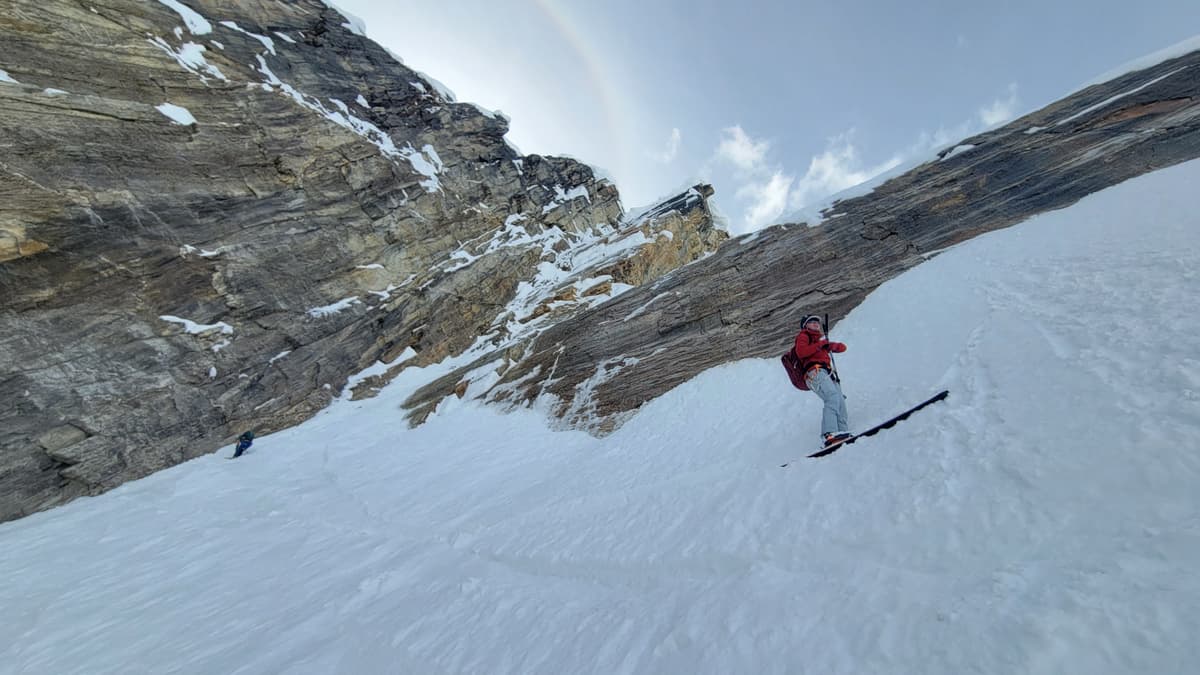 Just below the choke. Still passable on skiers right. It's very steep in this section...there is an anchor in the rock wall above it in case someone needs to lower.