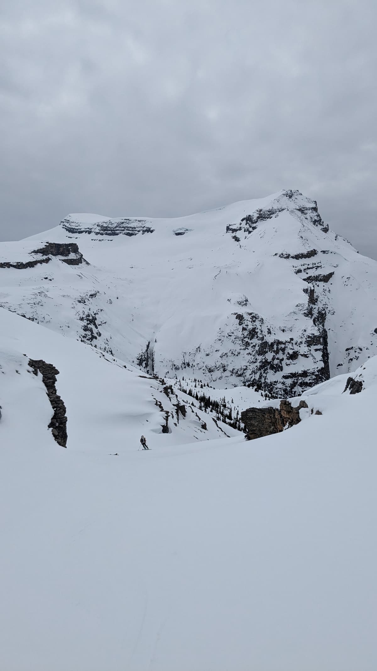 Skiing below Noseeum Lake, before taking a hard right to the couloir. Good view of Andromache and it's narrow chute