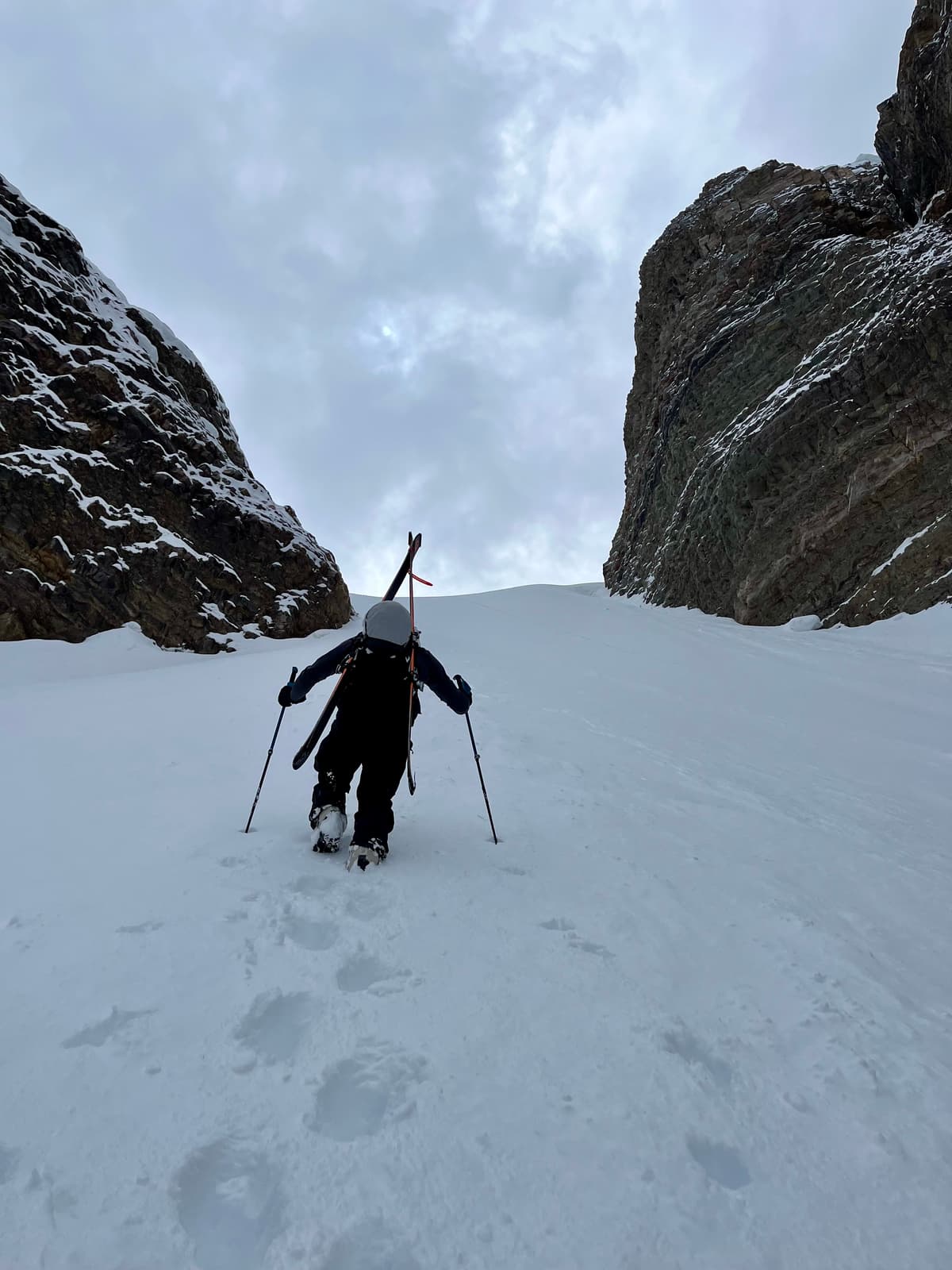 Steep boot pack - crampons useful but not mandatory. No ice axe. 