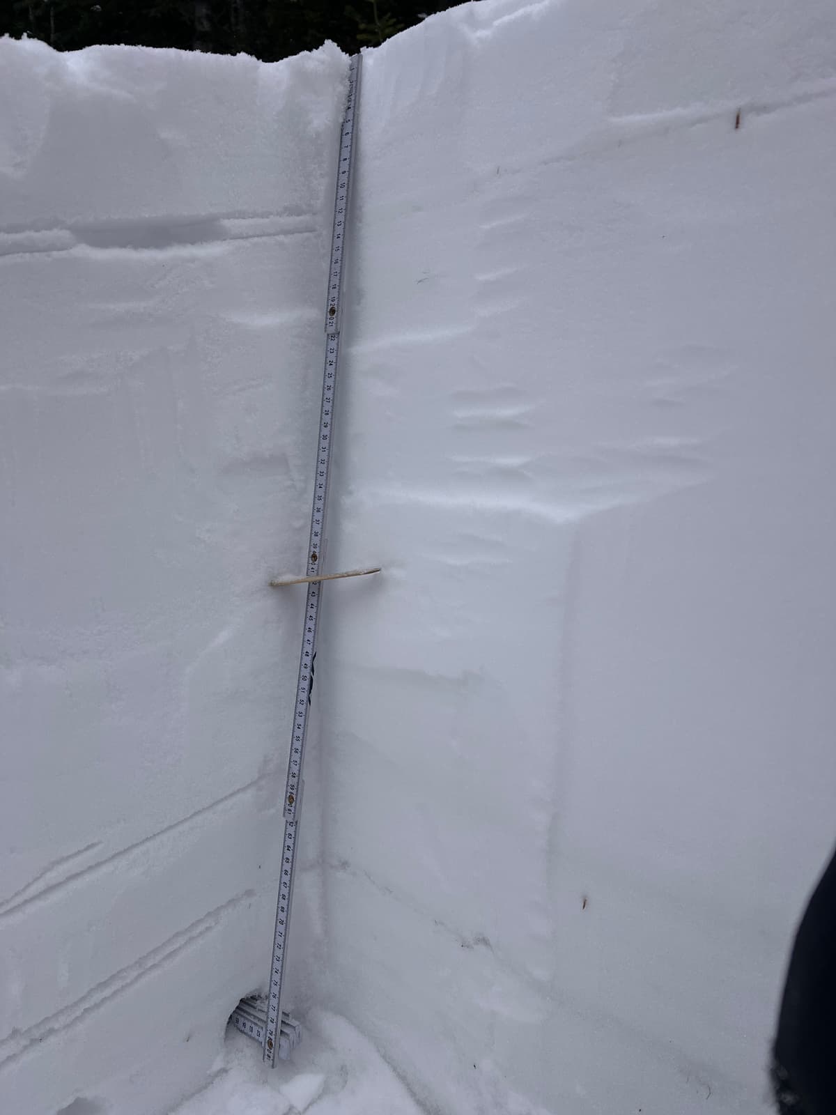 Snowpack depth 90 cm in wind-loaded area. Melt freeze crust down 10 cm, settled mid-pack with crusts that are breaking down at the base.