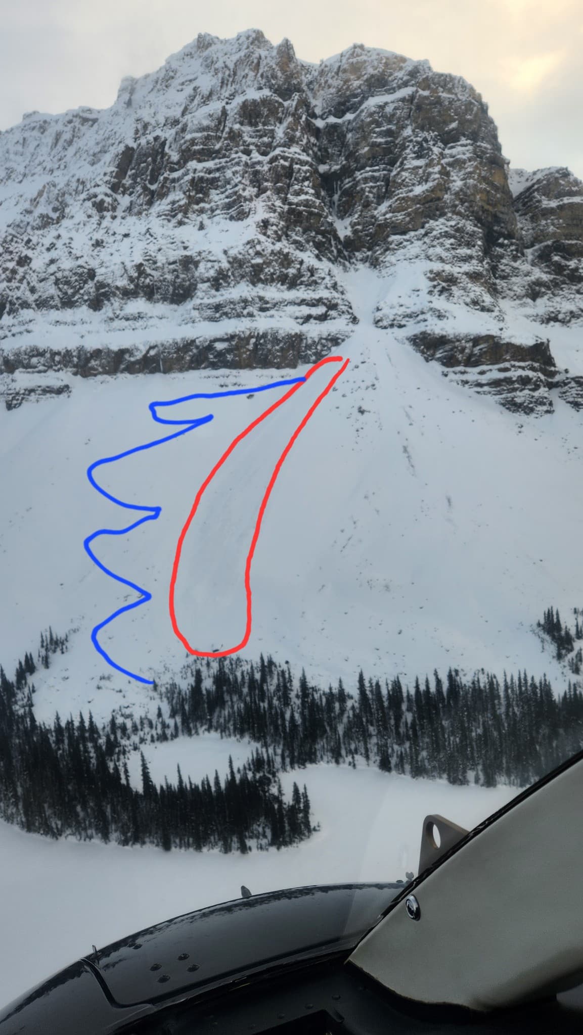 Skin track in blue, slide path in red