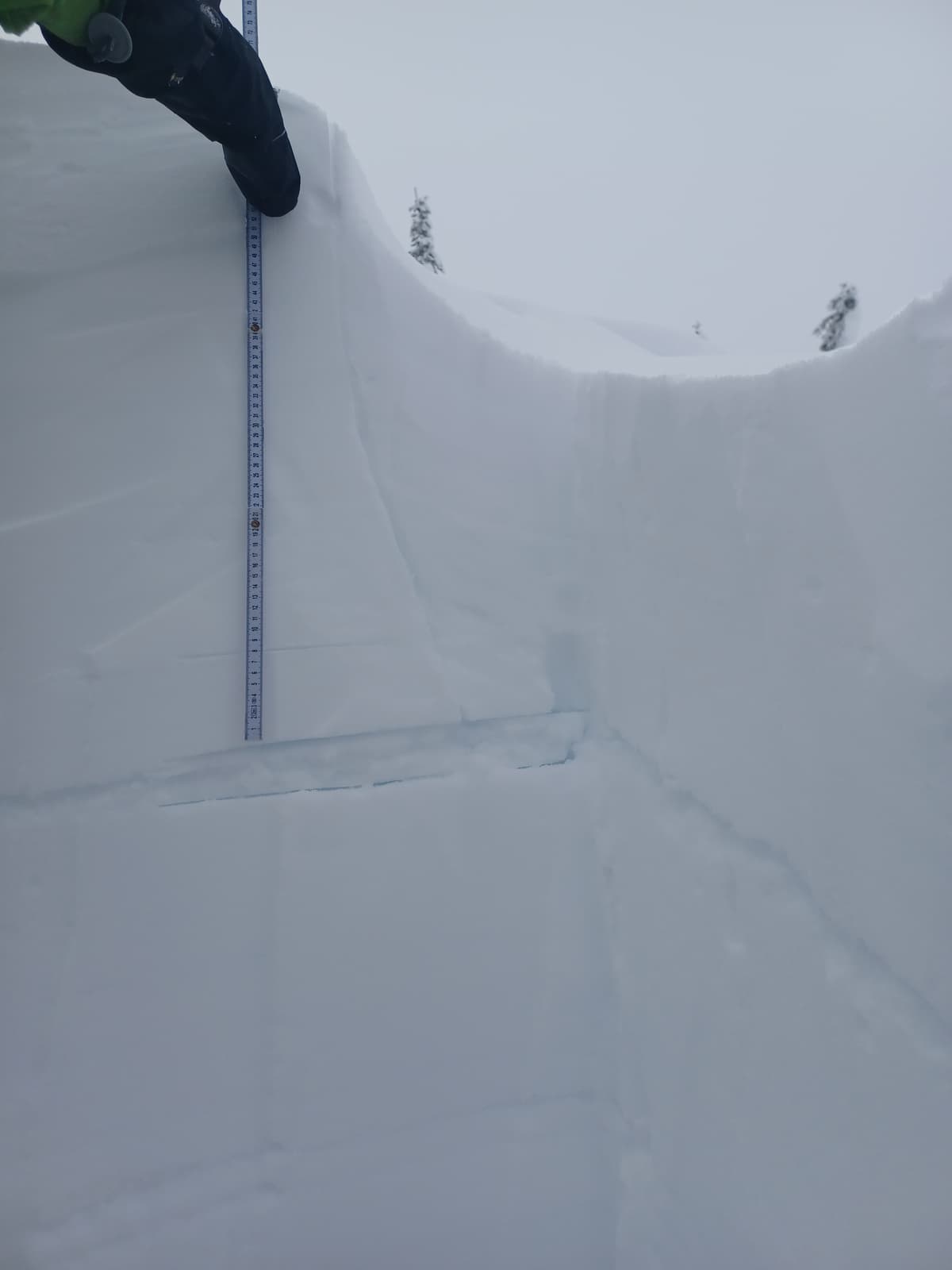East aspect @ 1925m. Profile of sz 1 flank showing 30-40cm reloaded bed surface on right sitting on 3cm thick Dec. 7 IFrc/MFcr combo. 65-85cm thick slab on left. Thin Dec. 11 IFsc barely visible left of flank. ECTP 27 down 84 on IFrc/MFcr combo just to left of pit.
