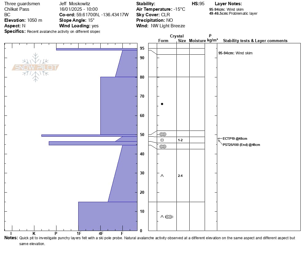 Snowpit profile from the test pit on an N-aspect at 3,500ft including hand hardness, results, and grain types.