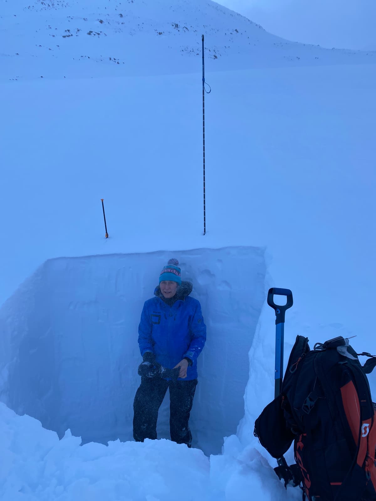 It isn't all pow turns. Deep pit to the PWL 1.4 m down. The total snow height in this area north of Bryant Lake was 2.6 m.