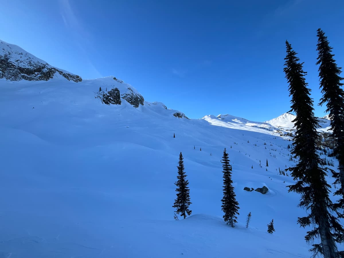 Looking up at Mt Spiers. We skied heading right 100m below the cliff