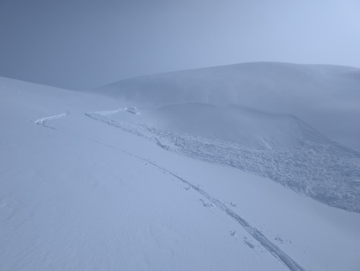 Remote triggered while skinning up; size 1.5-2 on a north facing wind loaded slope around 2pm. Crown 1 ft deep, approx 30 meters wide