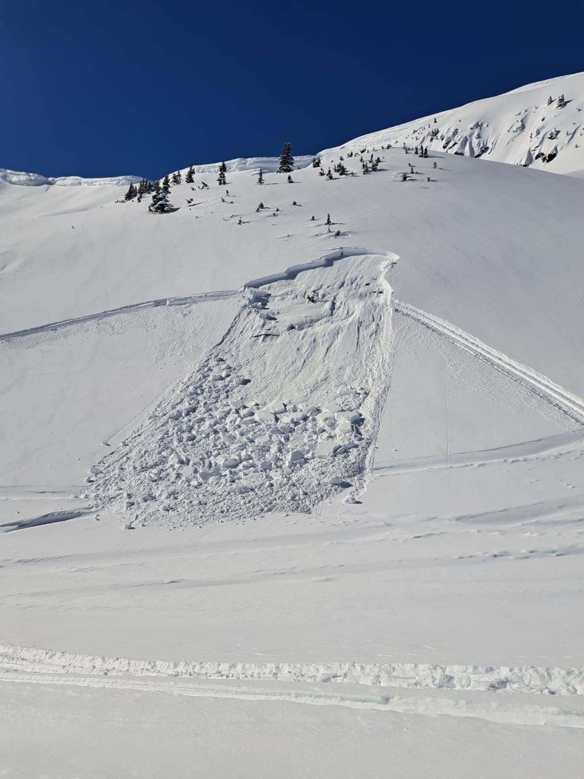 A small rider triggered avalanche down low in the main bowl. 