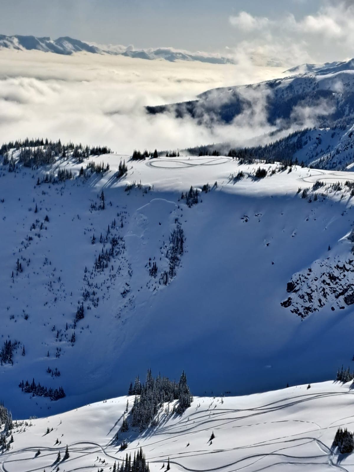 We watched a group remote trigger two avalanches on the slope below them from across Butterfly Bowl. 