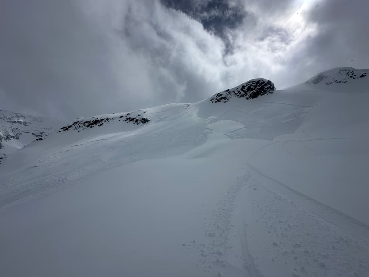 This was a sneaky avalanche, on our way up the dome I saw zero evidence of this weakness. No naturals, no whumffing, nothing. My ski cuts up high produced nothing.   Then I was 4 turns down, when I cartwheeled and upon coming back up I had triggered a slide.. what was crazy is that my size 1, propagated and continued to trigger slides.  All in it was probably a 2.5