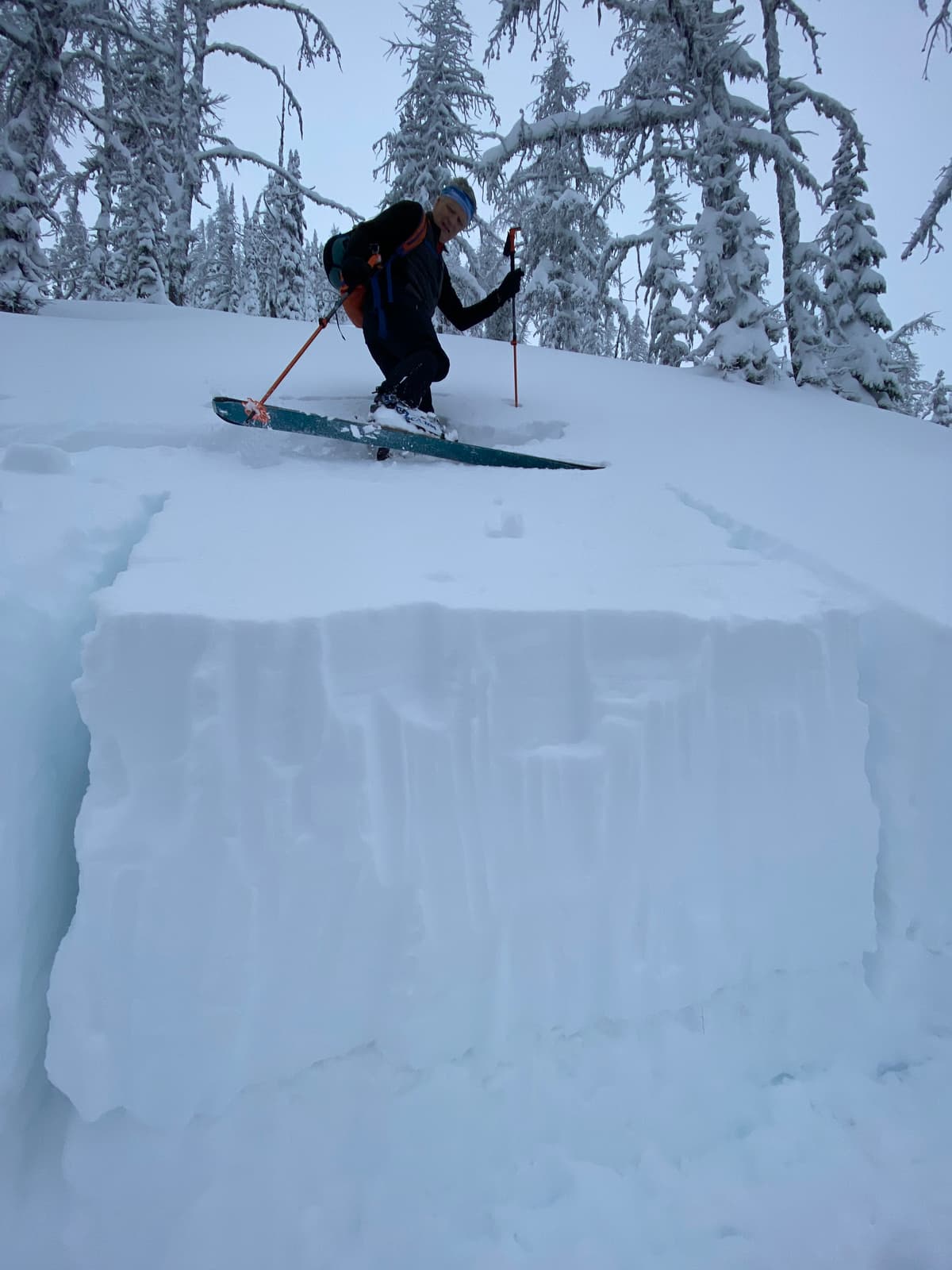 Another 20 cm of snow at GCP over the past 2 days. Dug a “No Excuse Block” (similar to a Rutsch block) on a 38 degree east aspect at 2200m.  Got a failure 20 cm down on a deep knee bend (“3” result) , a failure 40 cm down on a small jump (a “4” result) and a failure 80 cm down (the Dec 16 rain crust) on a large jump (a “5” result).  HS 170 cm. We skied well supported slopes up to 38 degrees, and a couple of short slopes 40+ degrees…nothing moved. 