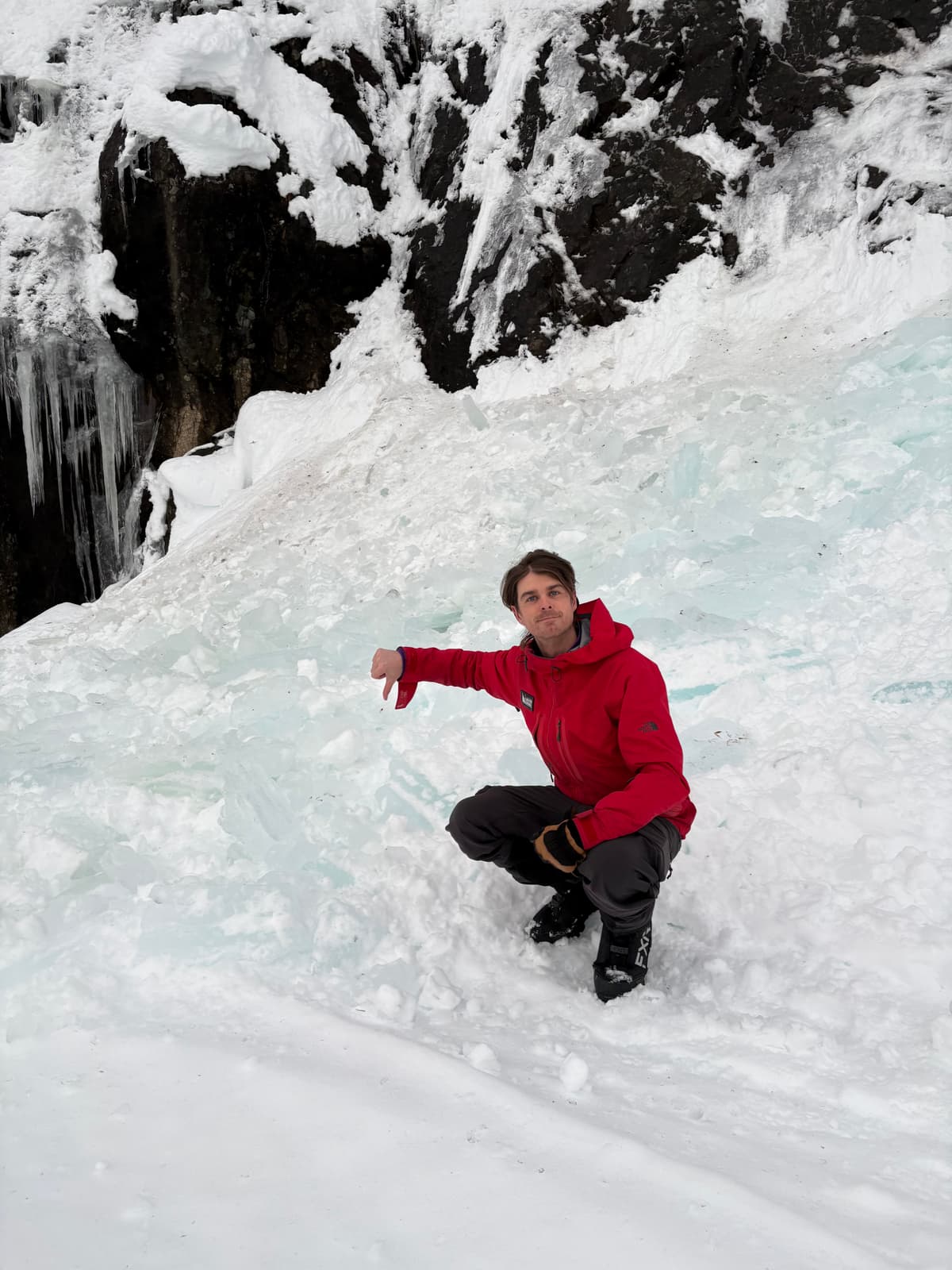 The frozen waterfall has shed over the last, access is still green for now but this spot has turned us around before! 