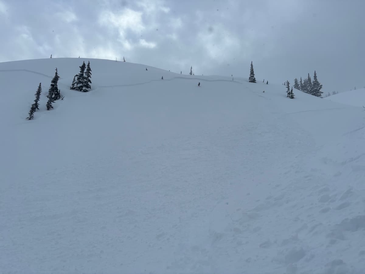 My ski tracks are evident mid frame on the right and are washed away by Avy debris