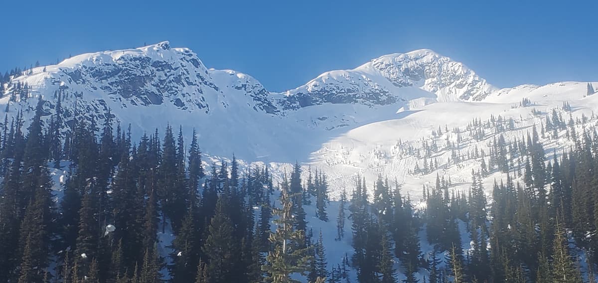 Not the best photo but this whole slope was crowned up from what looked like cornice/wet loose releases from the cliffs above.