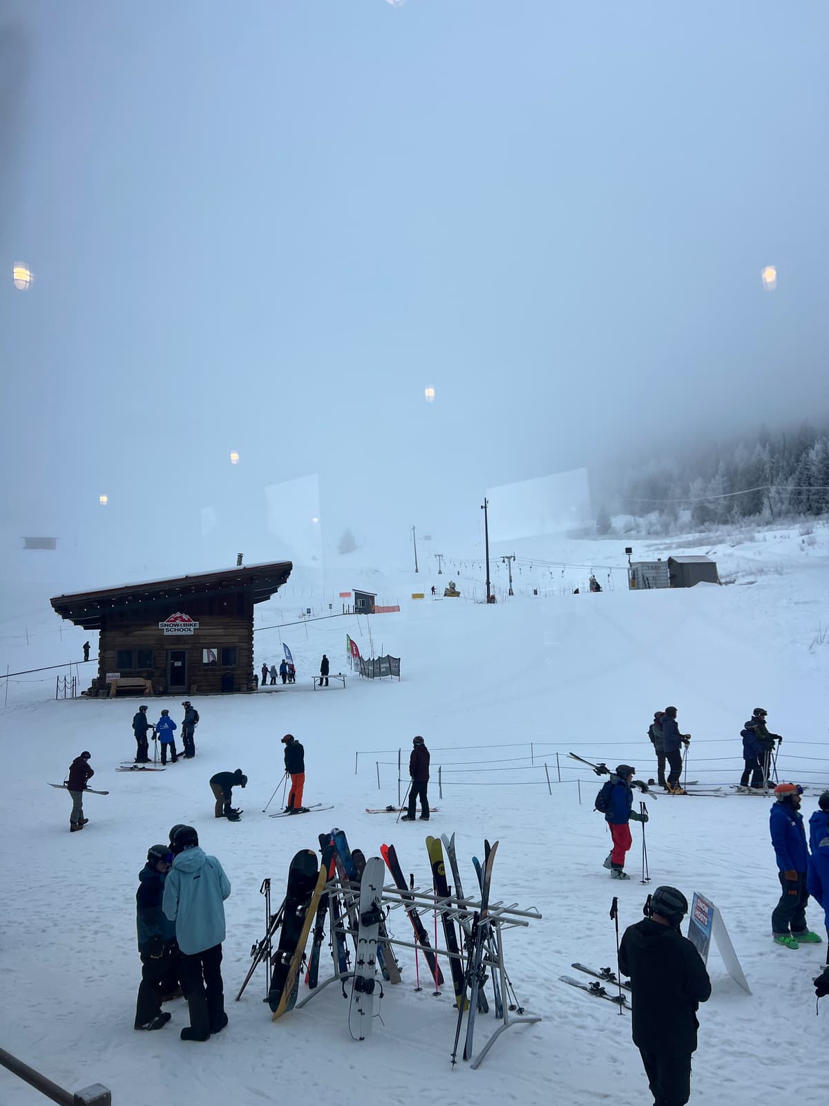 Foggy at base of red mtn to about 1/2 way up