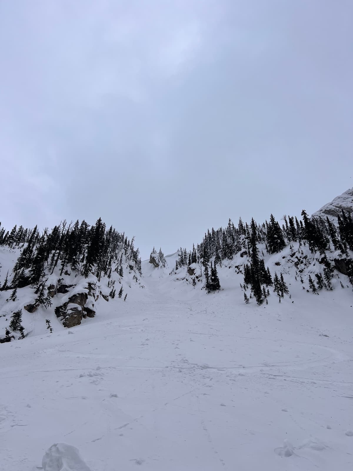 View looking up at northeast facing couloir feature.