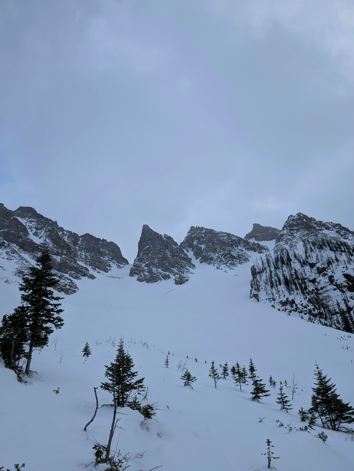 Surprise Pass (looker's left) and the Dogleg Couloir (looker's right)