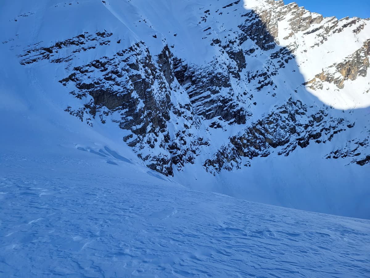 A few crevasse out skiers left.