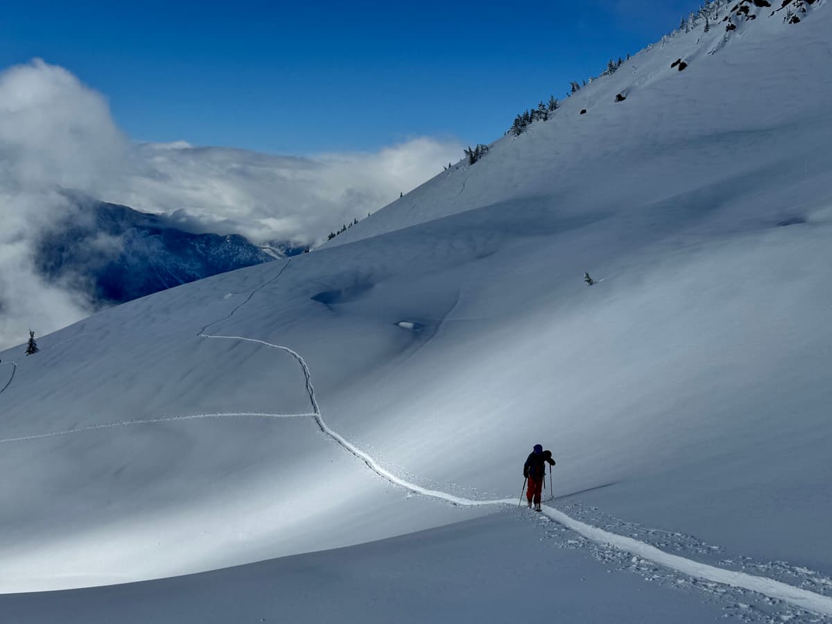 Skin track below Mackenzie peak (to photographer's right, skiers left)
