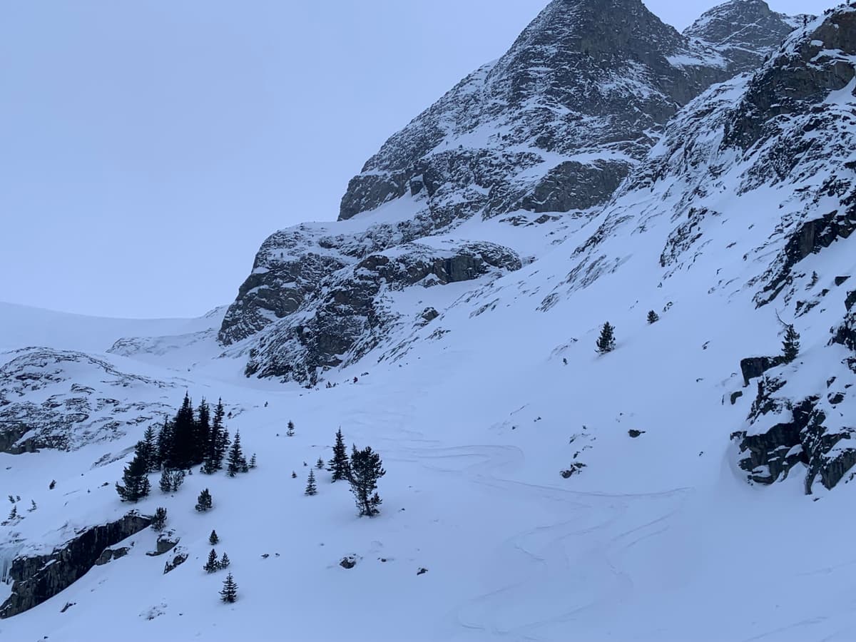 Descent from Matier glacier had great coverage until the lower section were rocks abound