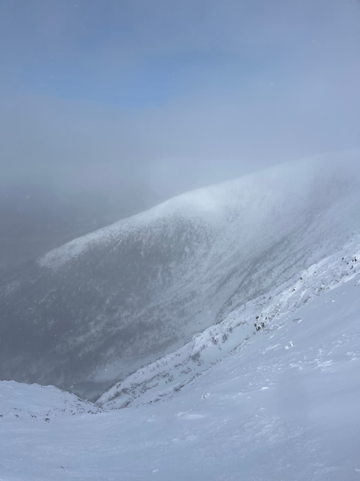Zone de départ. Couvert neigeux durci à gauche (du skieur) avec quelques obstacles végétaux. À droite, zone de chargement avec plaques à vent réactives au test (plaques plus ou moins bien vues sur photo).
