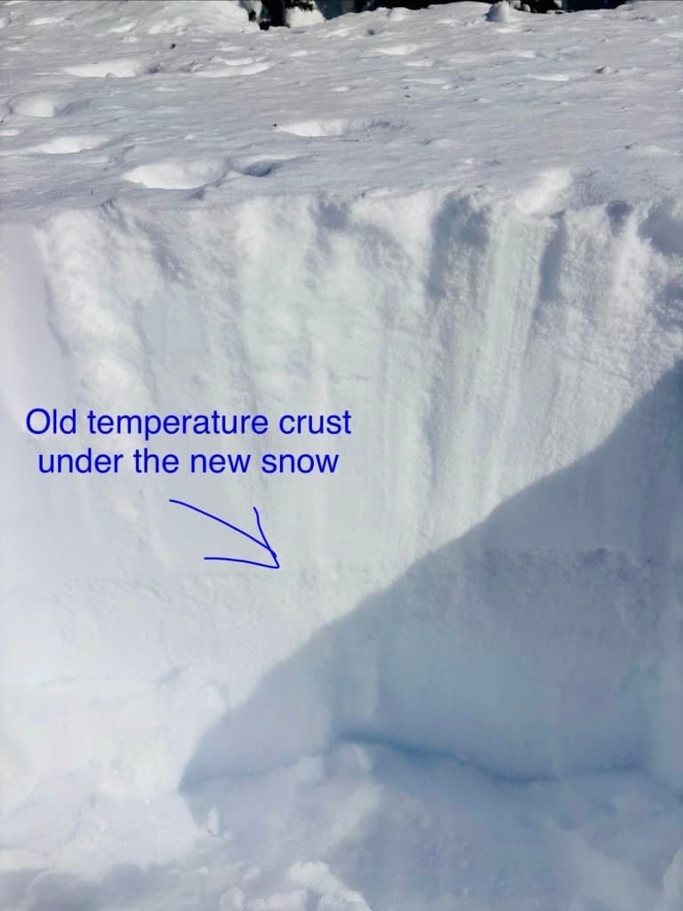 On south aspects, we can see there is a temperature crust buried below the newer snow