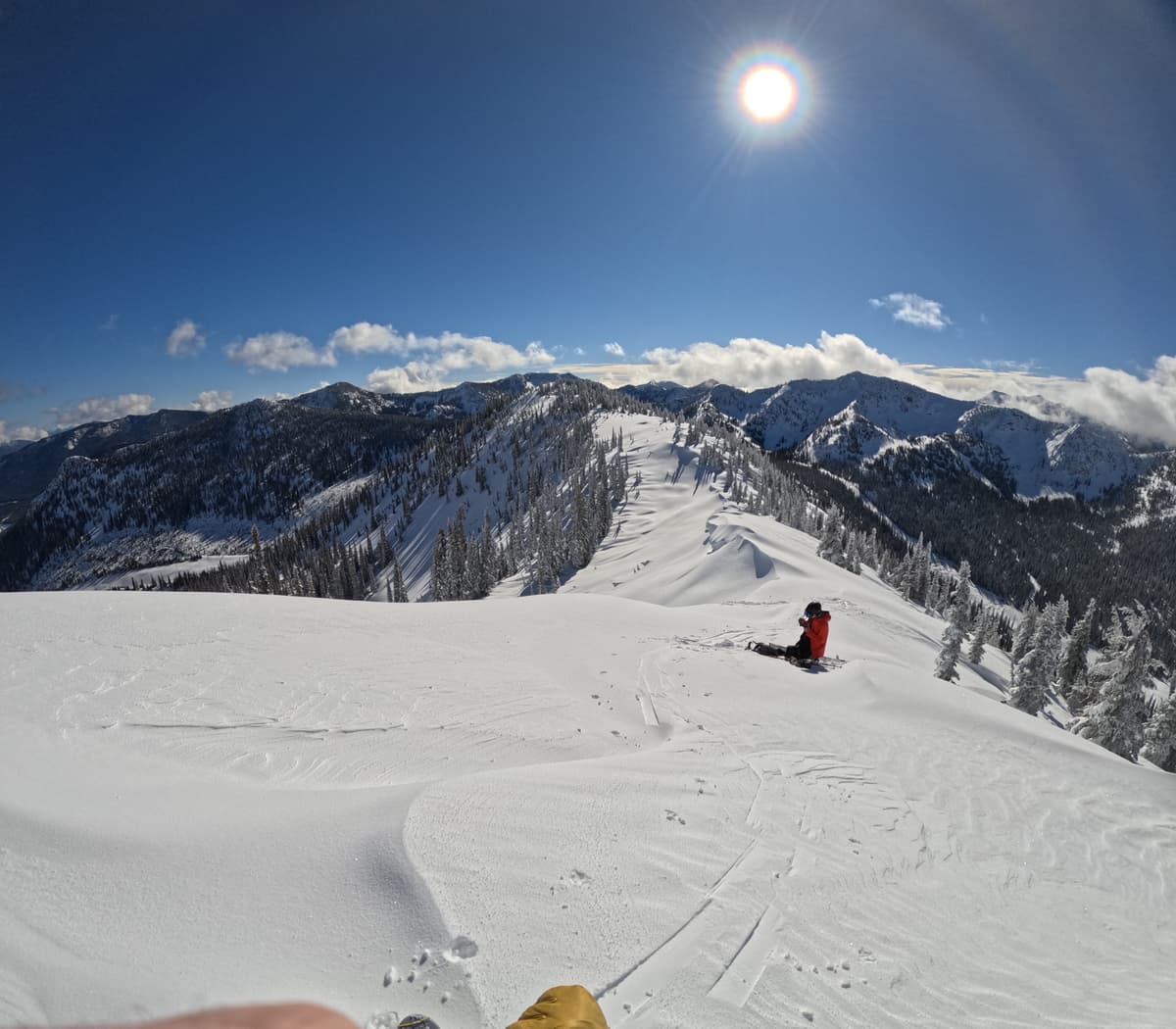The plan was to walk up Wolf Ridge and ski the Coulier but decided that the danger factor was too great. Plan B was to ski the most gentle slopes possible. Nothing moved! Challenging big slalom ski turns worked but the snowpack was a Snowboarders heaven. 