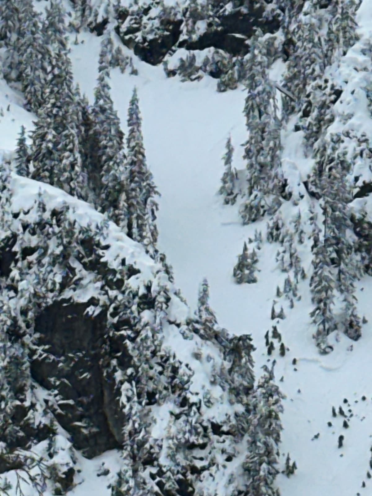 Two large crowns mid-slope in Anif couloir with nearby hangfire 