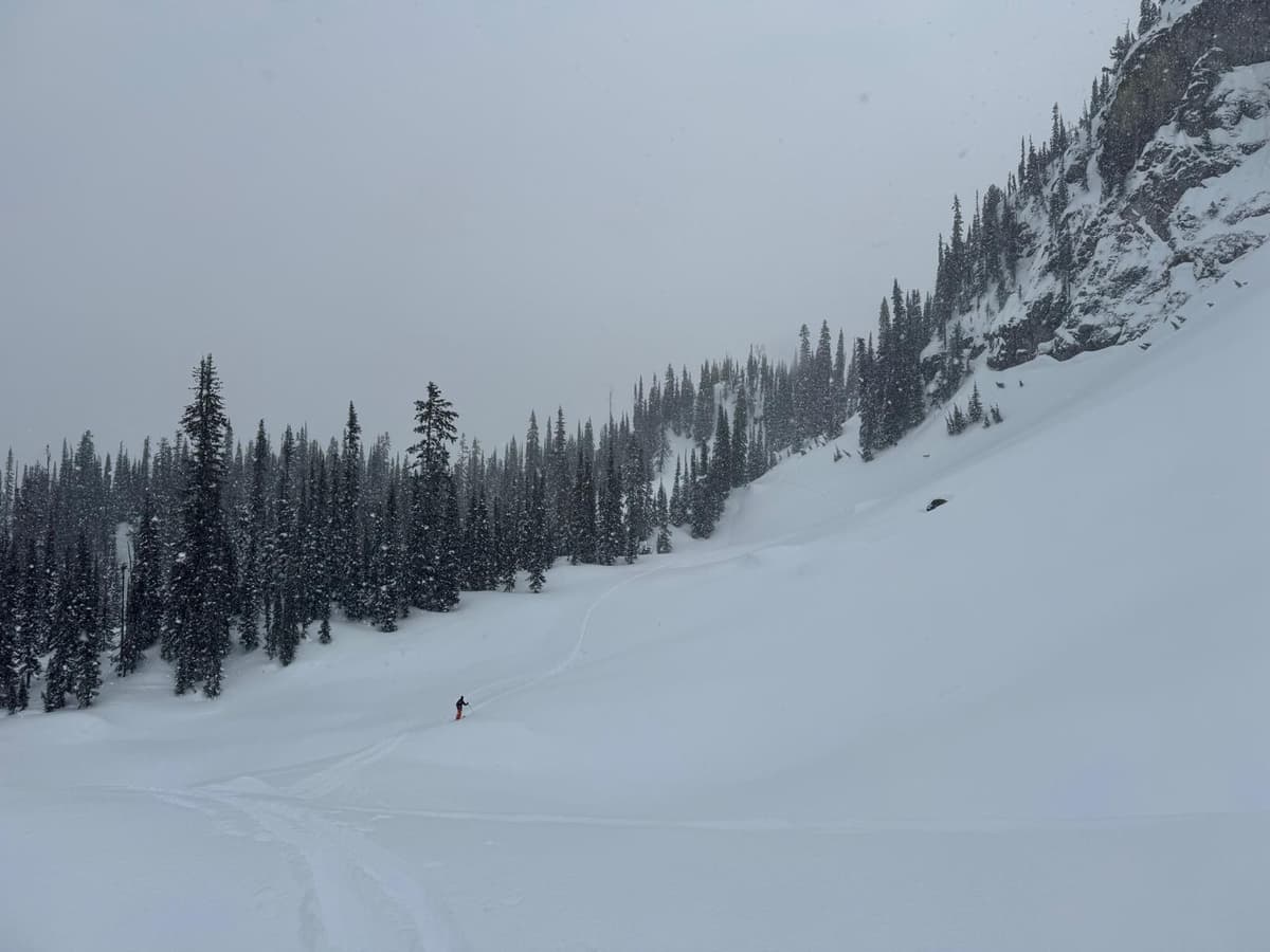 Gaining a saddle on the Mackenzie shoulder.  In retrospect we should have looped further left given the overhead risk.