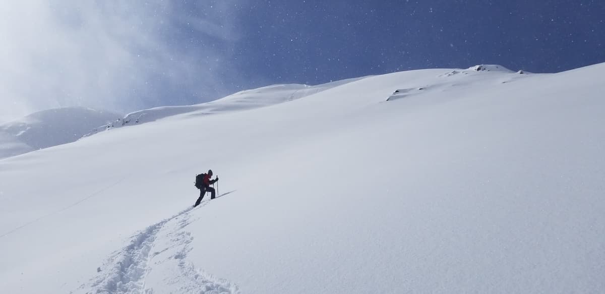 Dreamy light density pow on SE slope on the ascent to Elliot Peak