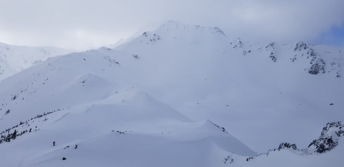 Consistent unconsolidated light density pow on Elliot peak North face, top to bottom. 