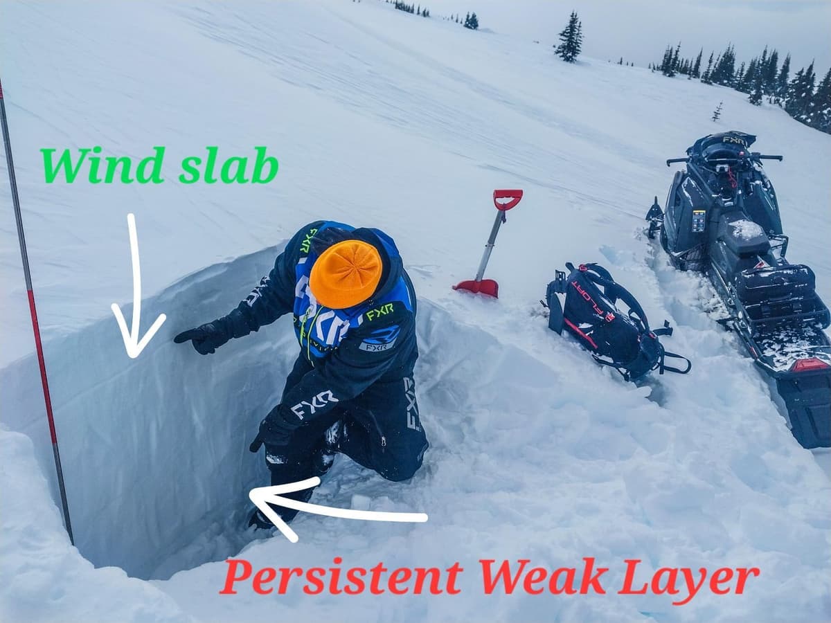 A snow profile showing the two current layers of concern. The persistent layer was down 105 cm on this west facing slope at 1600 m. 