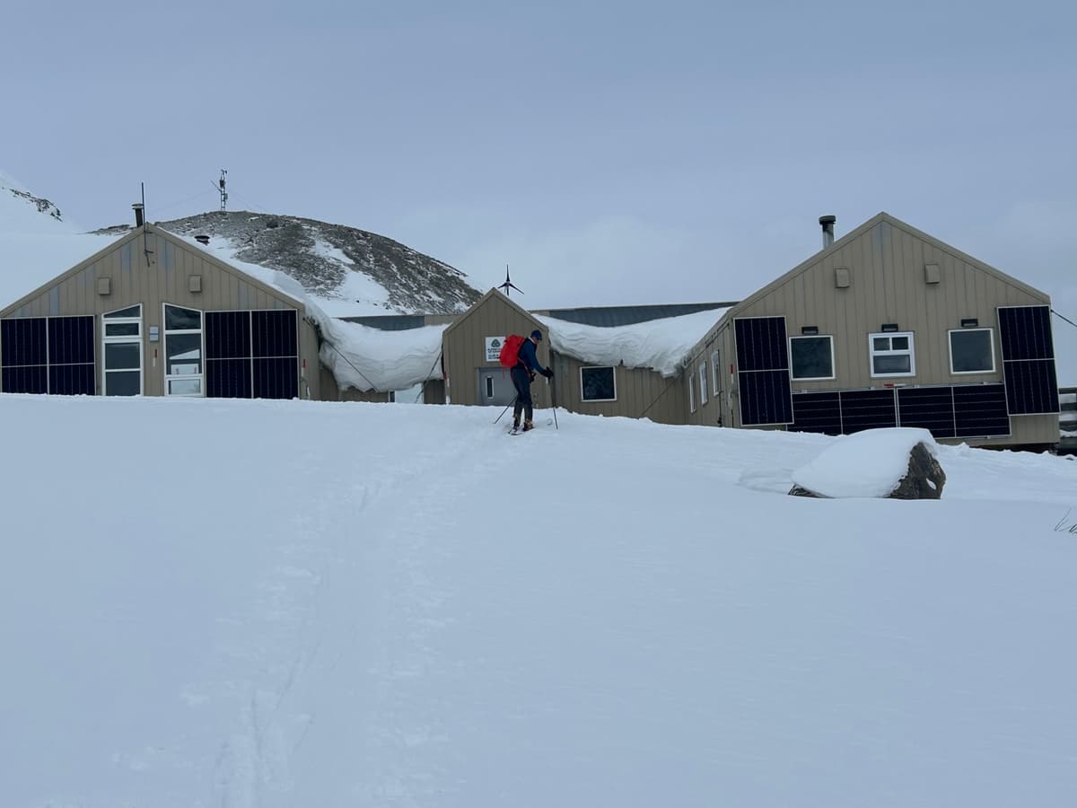 At the hut around 2.30pm.  Skiied out, usual whiteout to start then decent snow 15-20 cms on the frozen crust.