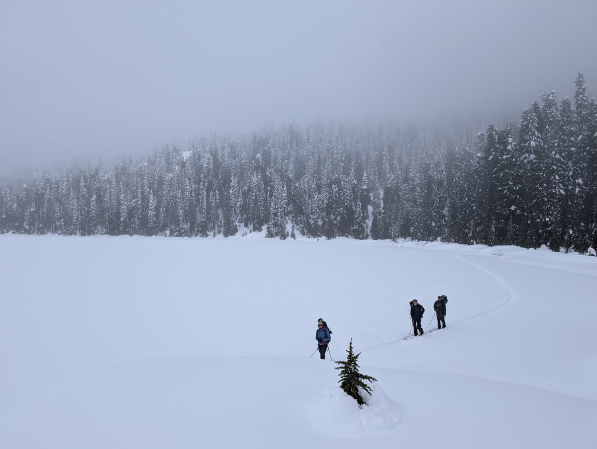 Skinning through the mist to Bedwell Lake camp on Friday afternoon.