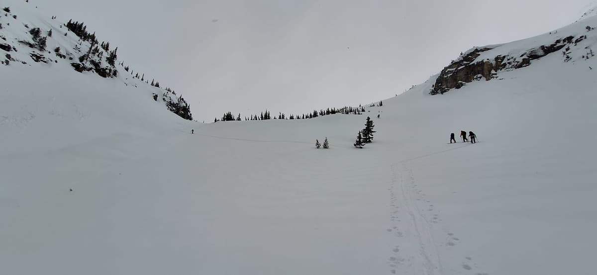 Came across old avy debris (ice sharks) on the way up. Stayed skiers left on the way down and skied open trees.