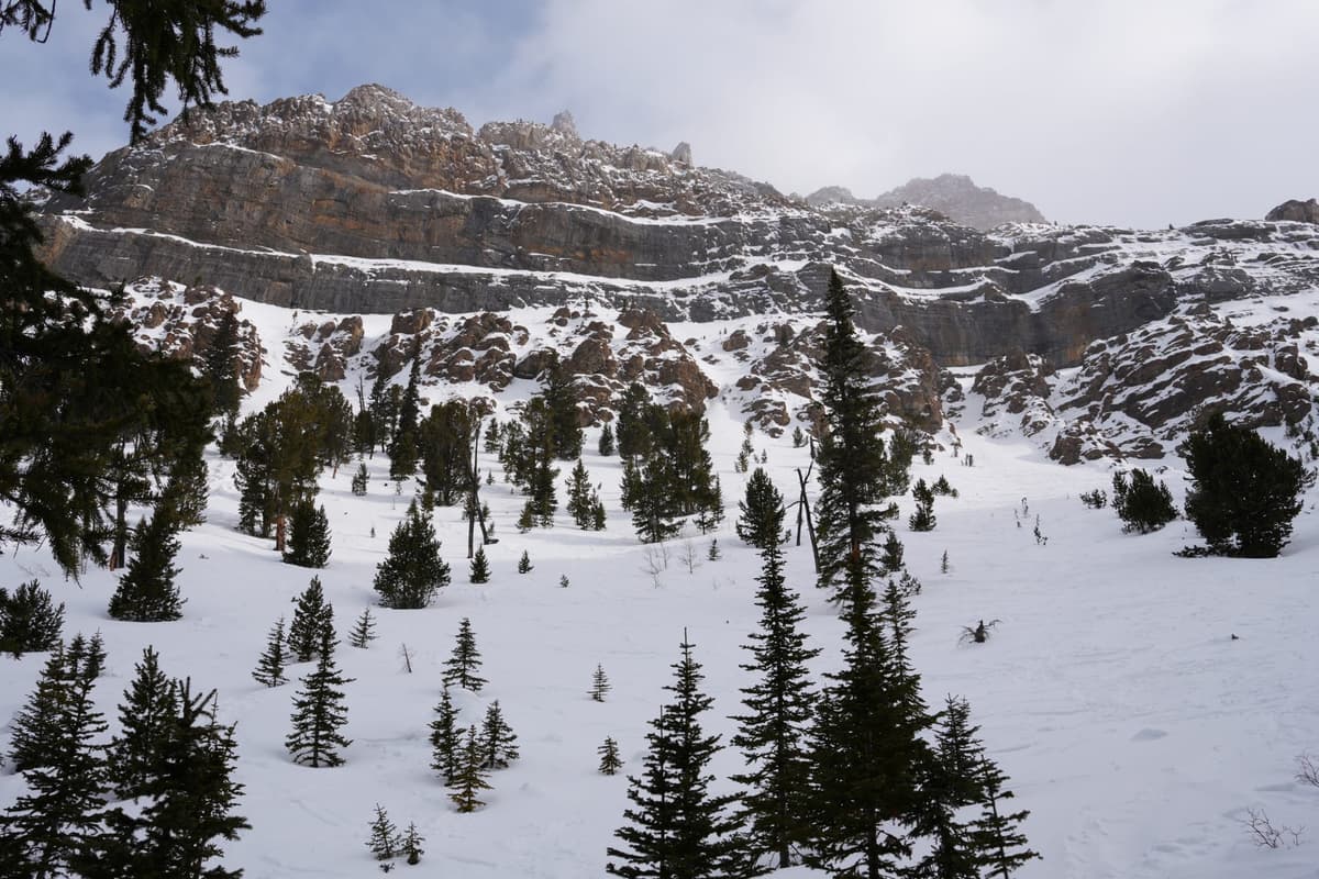 Heavy hard snow at the crux. Was able to sideslip the waterfall gully down, but difficult. 
