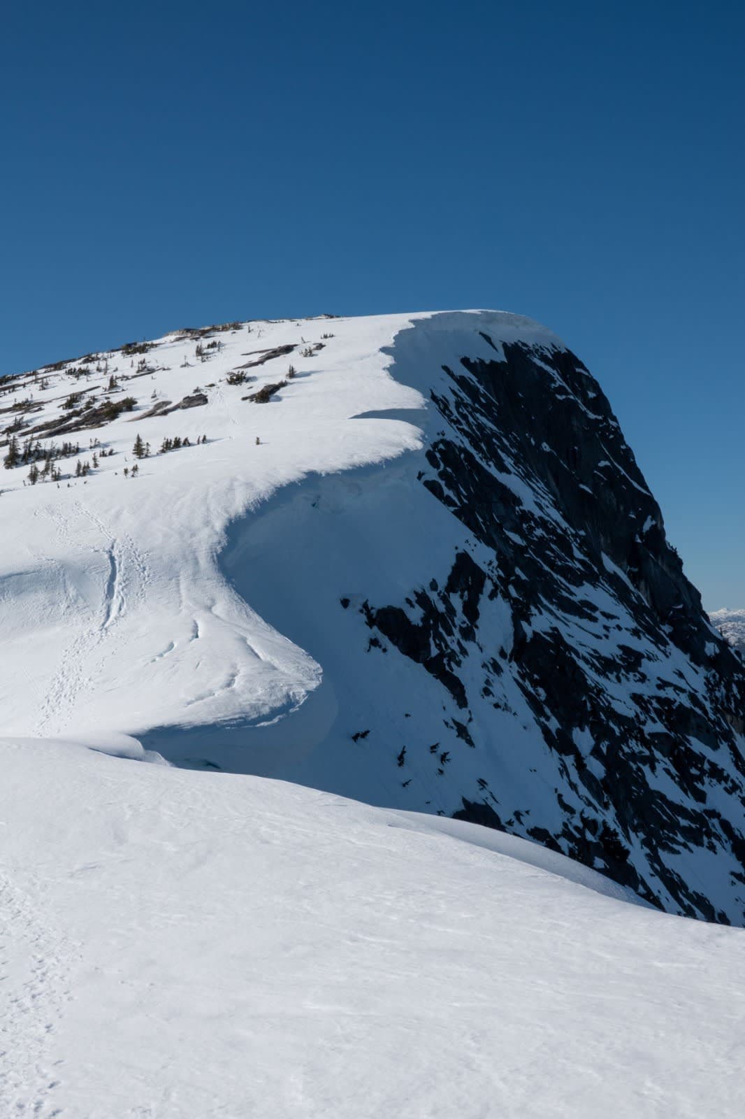 Just because there are footprints doesn't mean you should follow them. We avoided the trail completely and went far left to avoid this ready to go cornice - alpaca