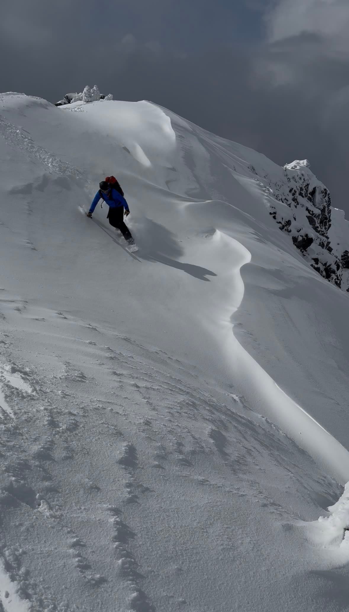 Clear evidence of wind effect at ridge top.