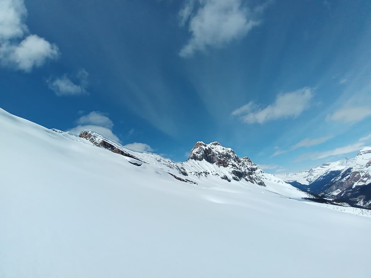 Large cornices and avalanches on Wapta Mountain.