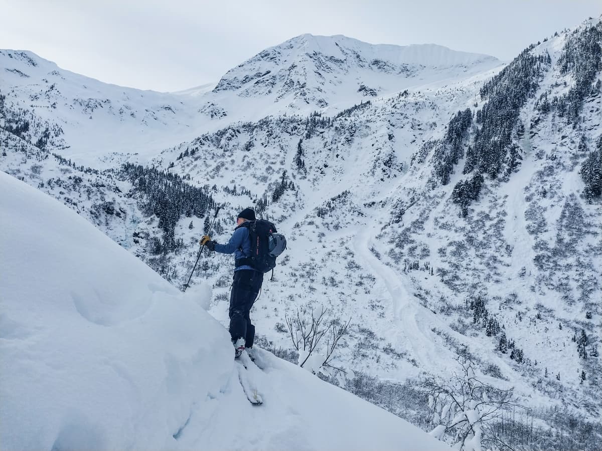 We didn't see any new avalanches but there was lots of old avalanche debris like you can see in this photo to the right of the skier.
