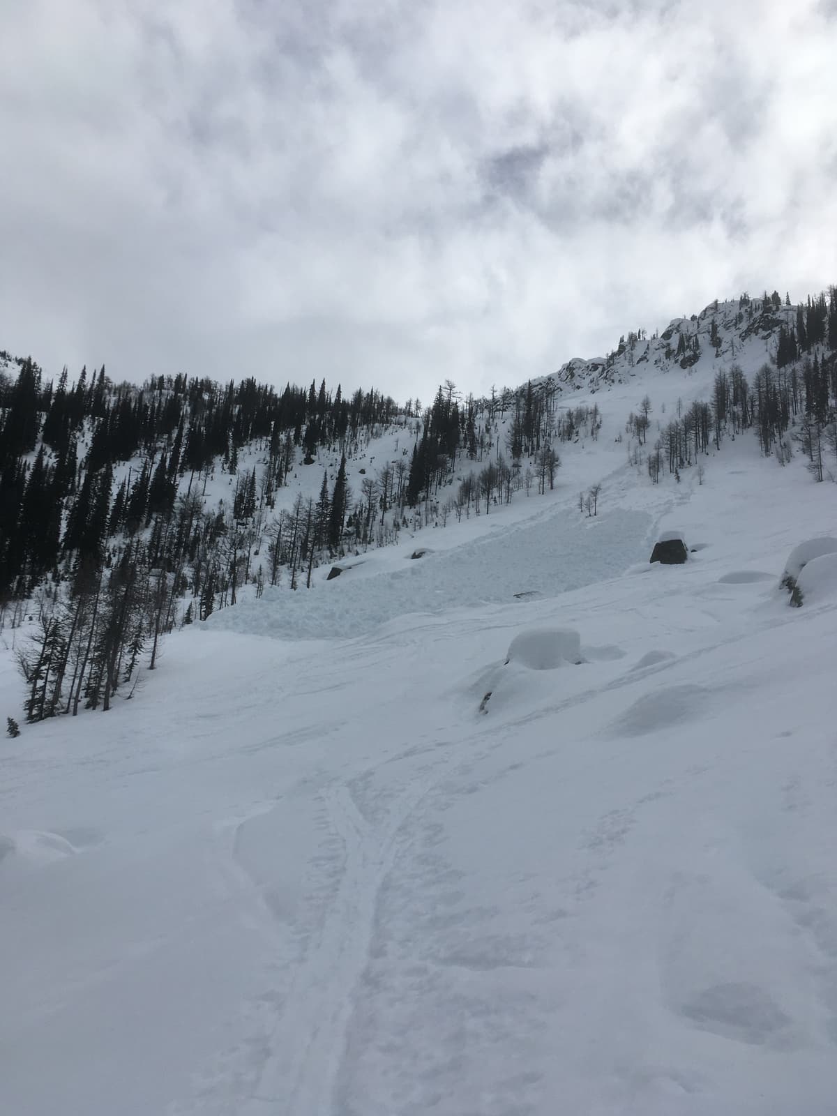 Start zone from rocks on ridge above “death traverse”. Avalanche ran down to an area with a lot of skin track traffic.