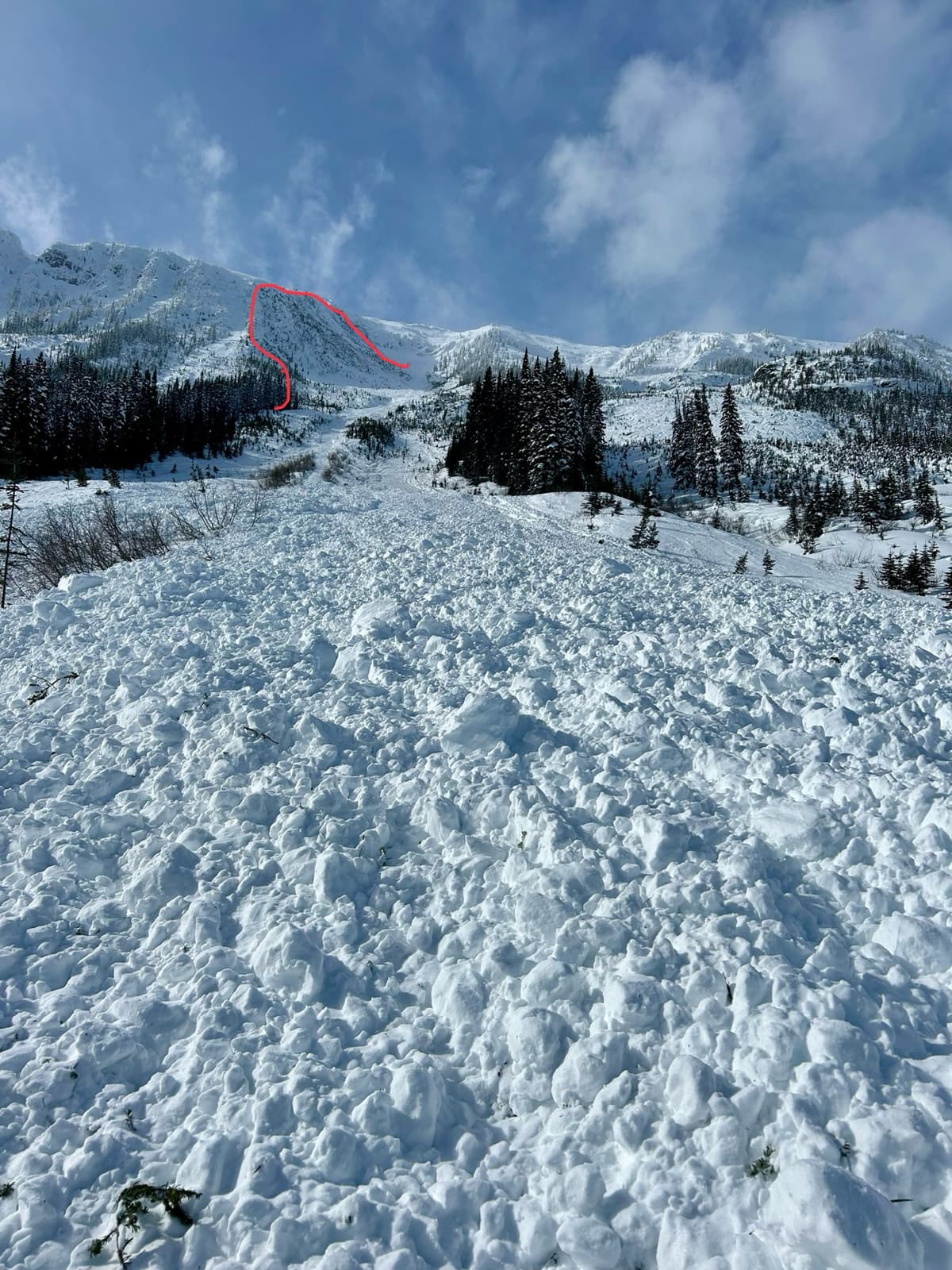 The ridge line runs essentially north-south (south to the left in the image) but the section that slid is a small depression into the ridge and becomes a north facing slope. This could explain the sensitivity to the remote release. The slopes on both sides of the slide are east facing and did not release.