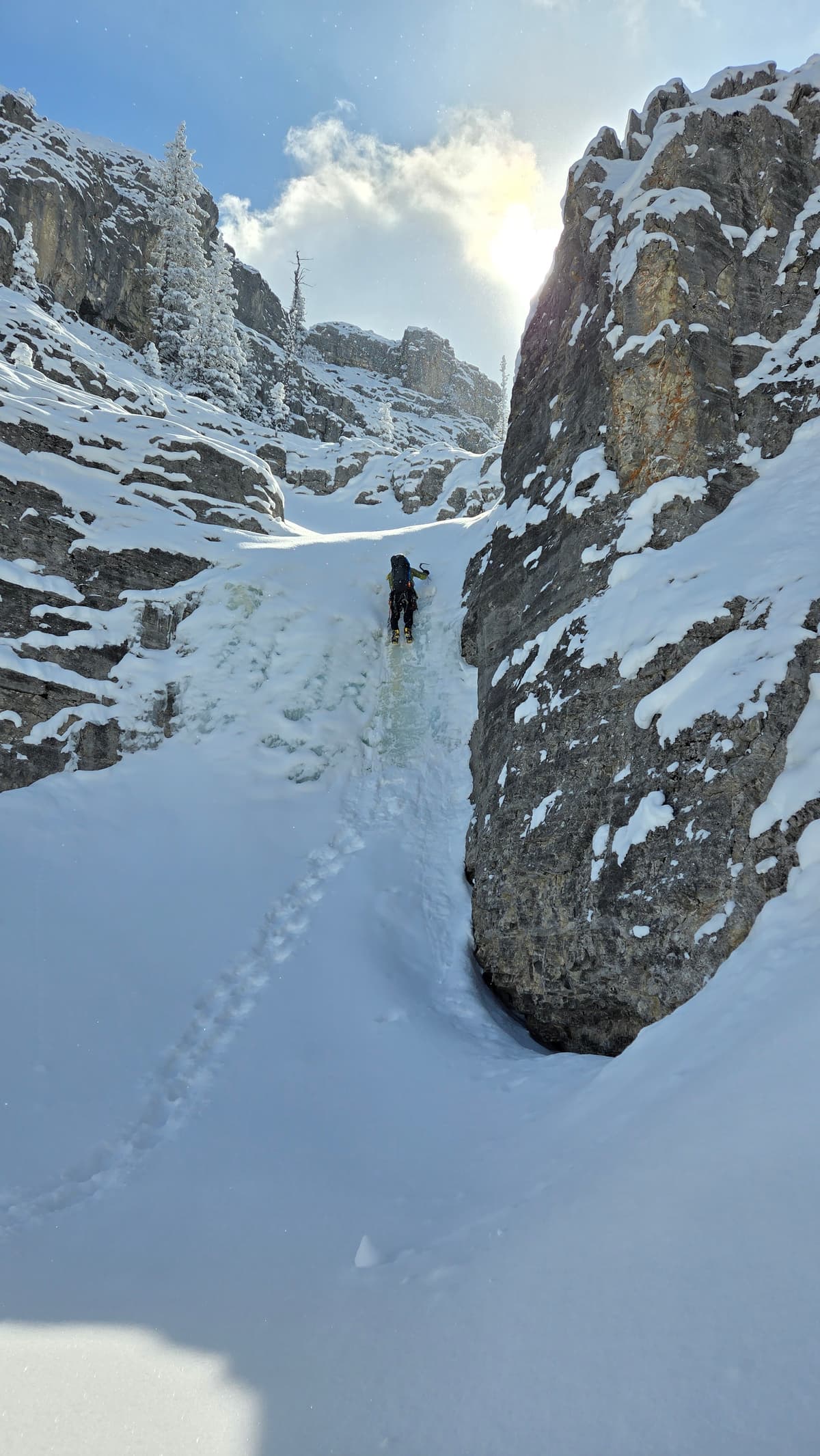 Ice steps are pretty short, with a significant snow pack in the canyon.