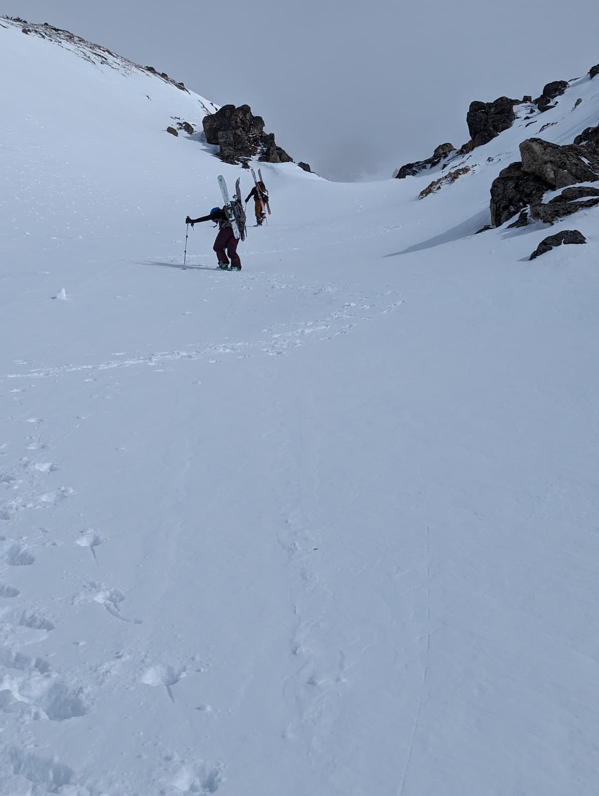 Climbing the couloir by boot as the dust on crust was crappy for climbing