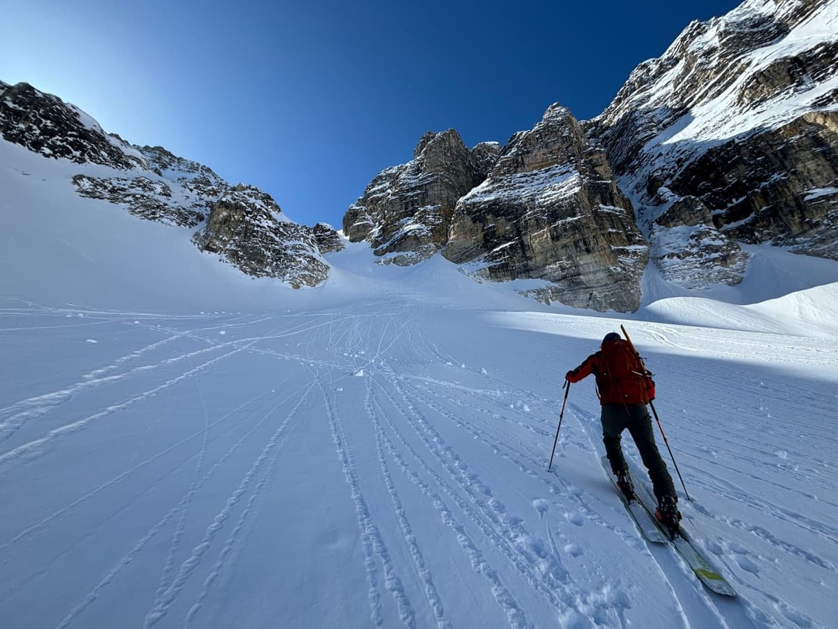 The lower slopes had very little ski penetration, so we boot packed up. The upper slopes were in great condition for going up and down.